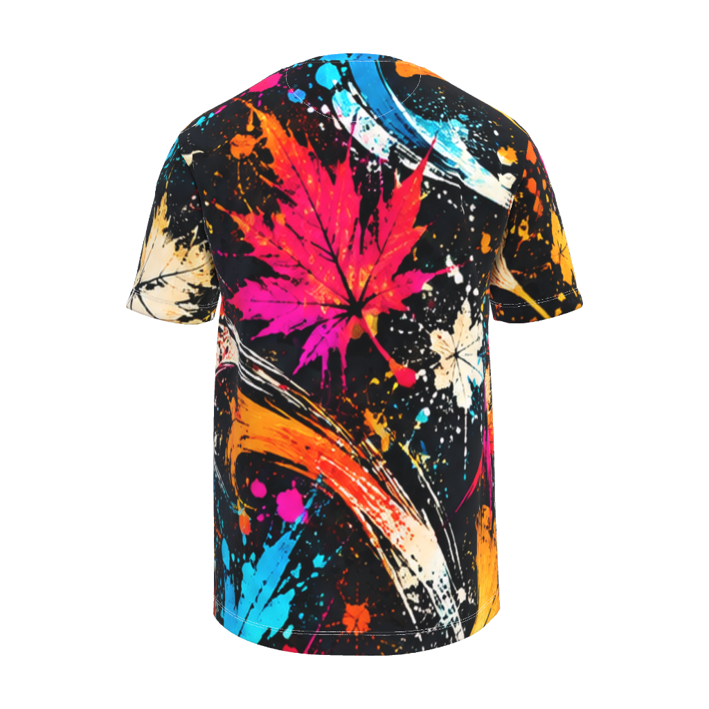 Back view of Kurflama Fall Neon Foliage Tee with a large magenta leaf with yellow and teal accents.