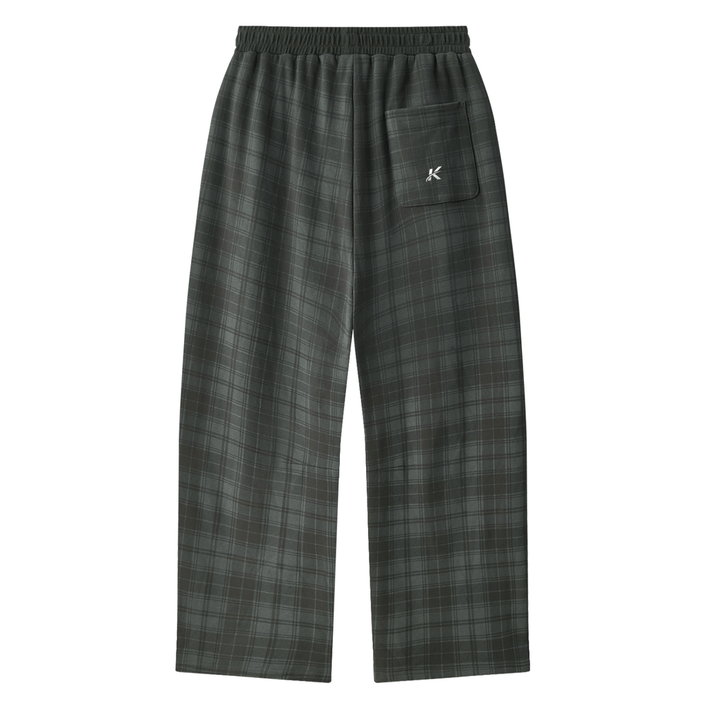 Dark green and gray plaid lounge pants with an elastic waistband and a small white embroidered logo on the pocket, shown against a plain white background.