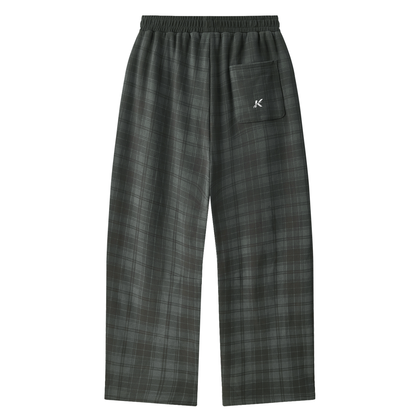 Dark green and gray plaid lounge pants with an elastic waistband and a small white embroidered logo on the pocket, shown against a plain white background.