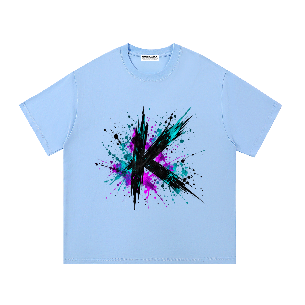 Front view of a light blue tee with a black K and teal and magenta paint splashes.