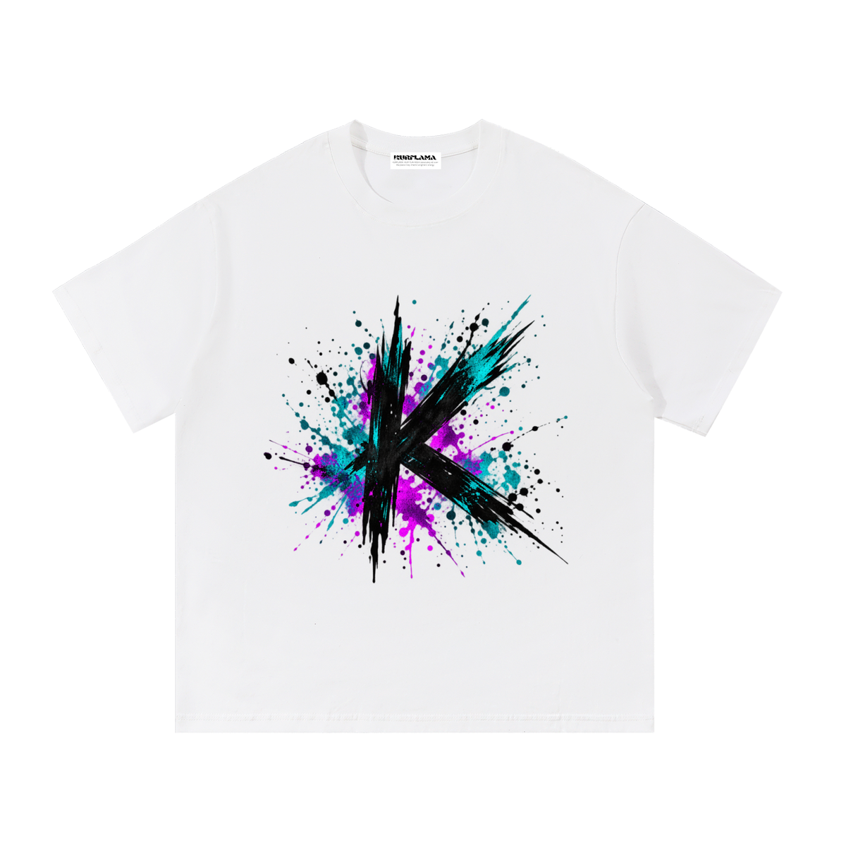 Front view of a white tee with a black K and teal and magenta paint splashes.