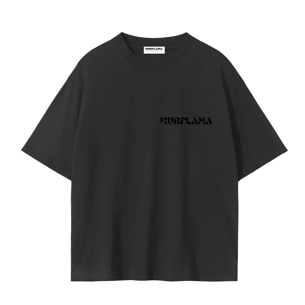 Black t-shirt with colorful design and text on a white background