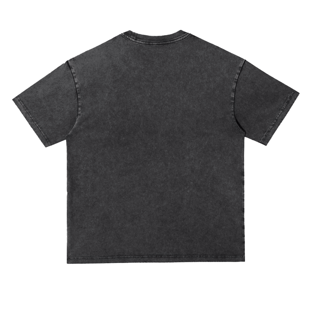 Back view of a plain washed black oversized T-shirt.