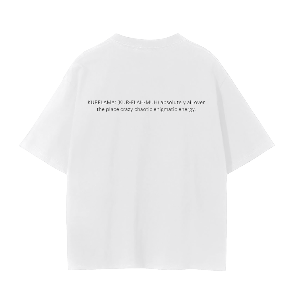 A white short-sleeve t-shirt with black printed text across the upper back, displayed against a solid white background.