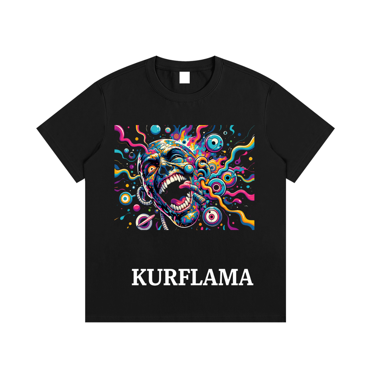 A black short-sleeve crewneck t-shirt featuring a vibrant, colorful psychedelic skull graphic on the chest with the word 'KURFLAMA' printed in white below it, displayed on a solid white background.