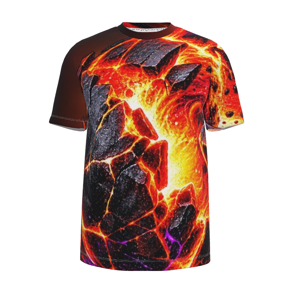 Front view of Kurflama Fall Molten Shift Meteor Tee with glowing orange lava and cracked dark rock artwork.