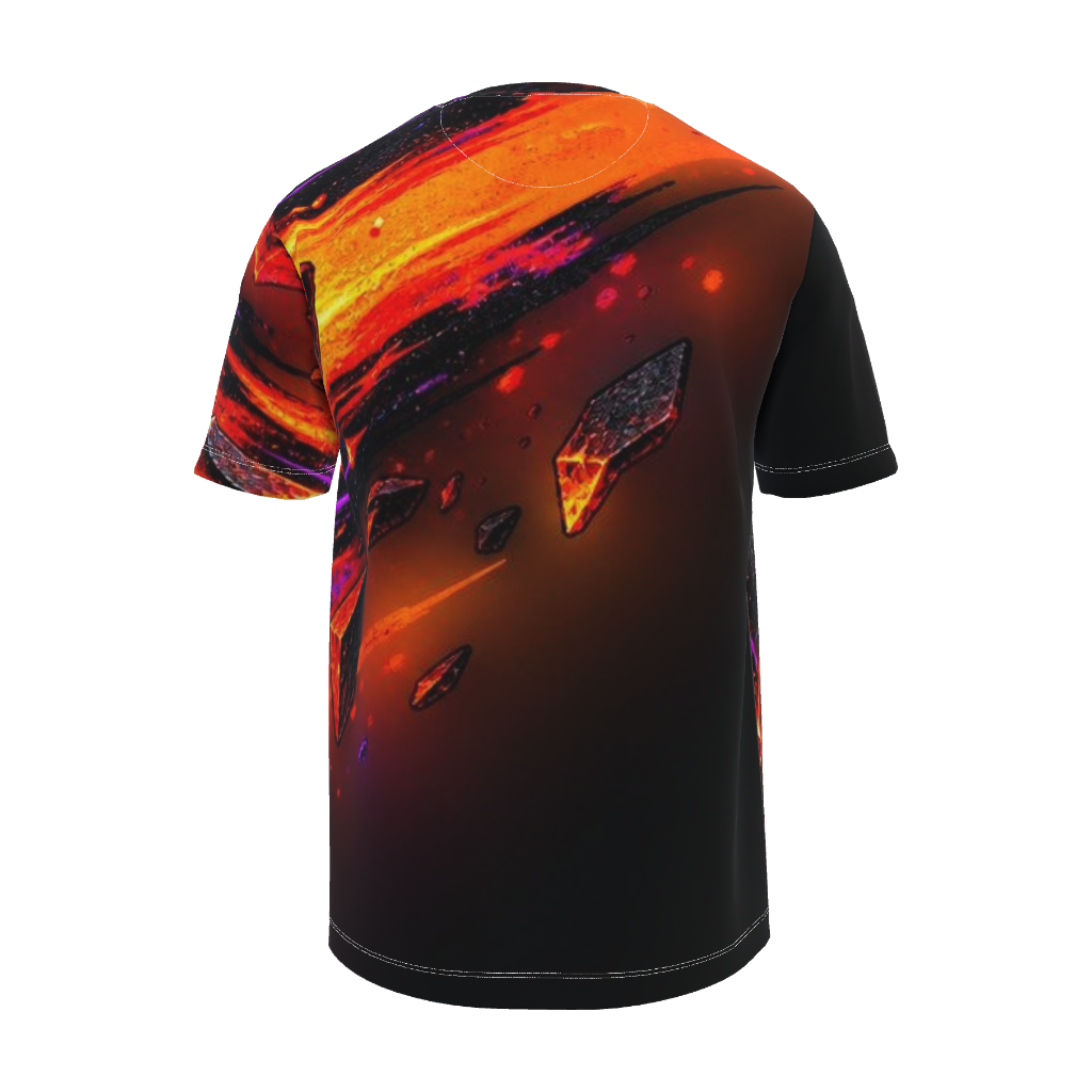 Back view of Kurflama Fall Molten Shift Meteor Tee with orange meteor streaks against a dark background.