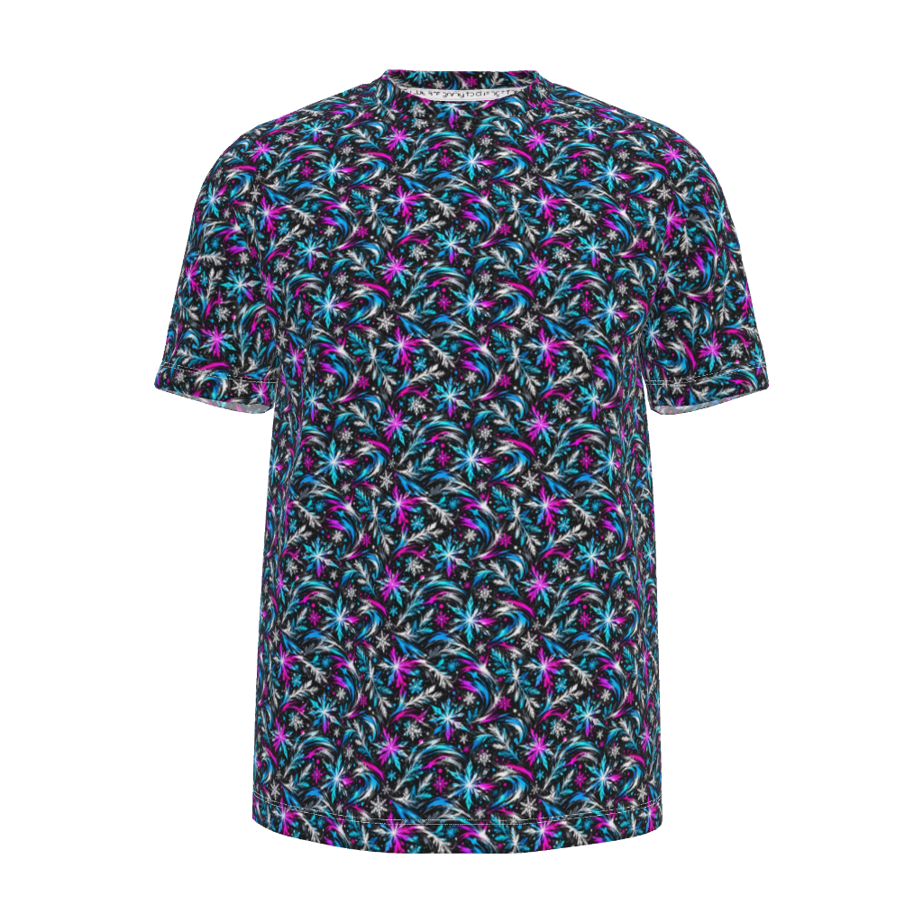 Front view of Kurflama Winter Ice Neon Small Repeat Tee with a small repeating teal, magenta and blue pattern.