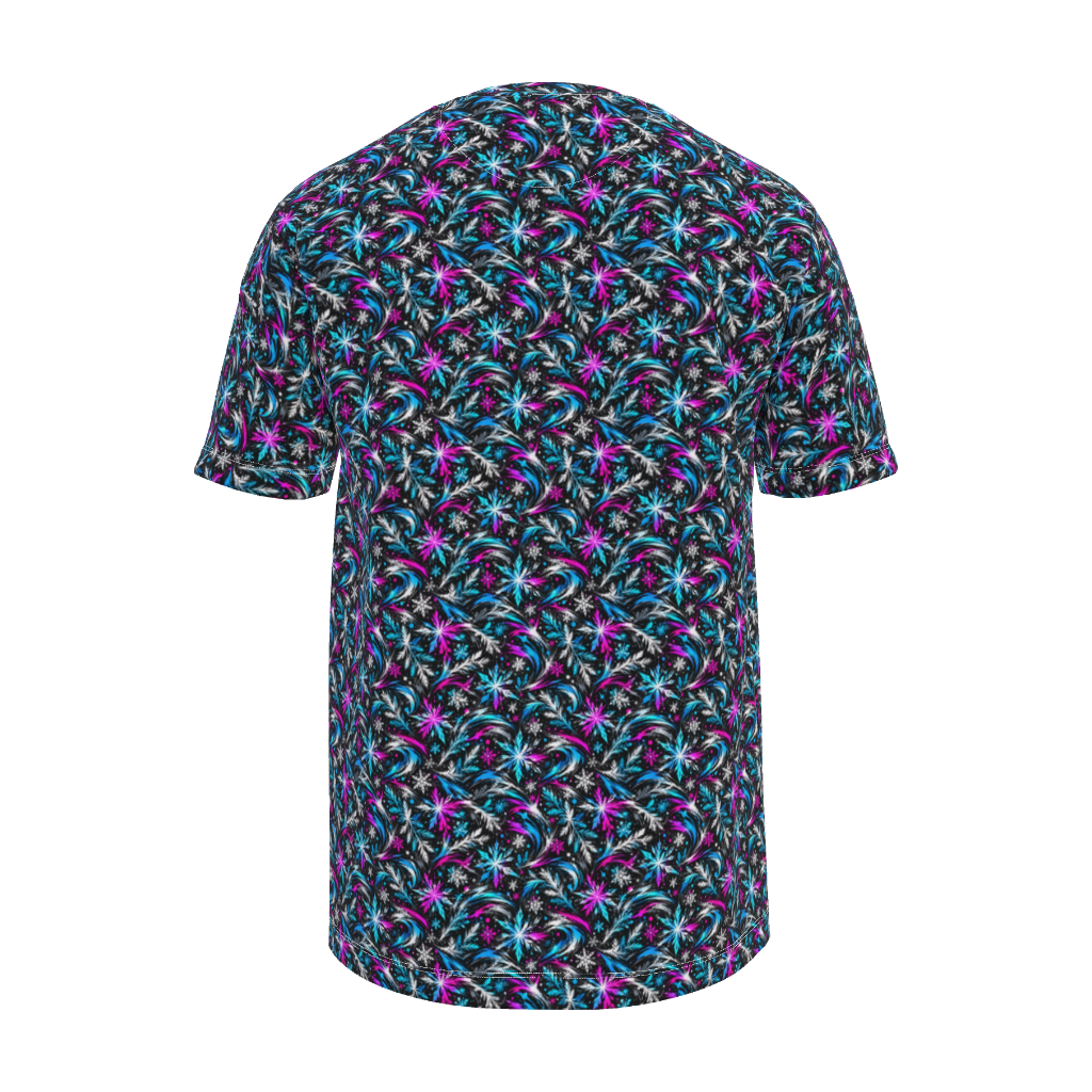 Back view of Kurflama Winter Ice Neon Small Repeat Tee with a small repeating teal, magenta and blue pattern.