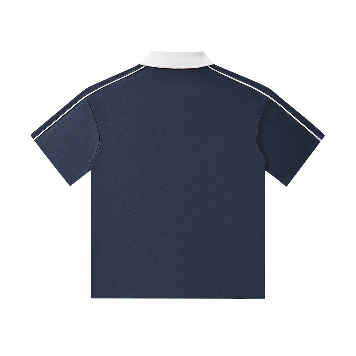 Black polo shirt with white trim on a white background