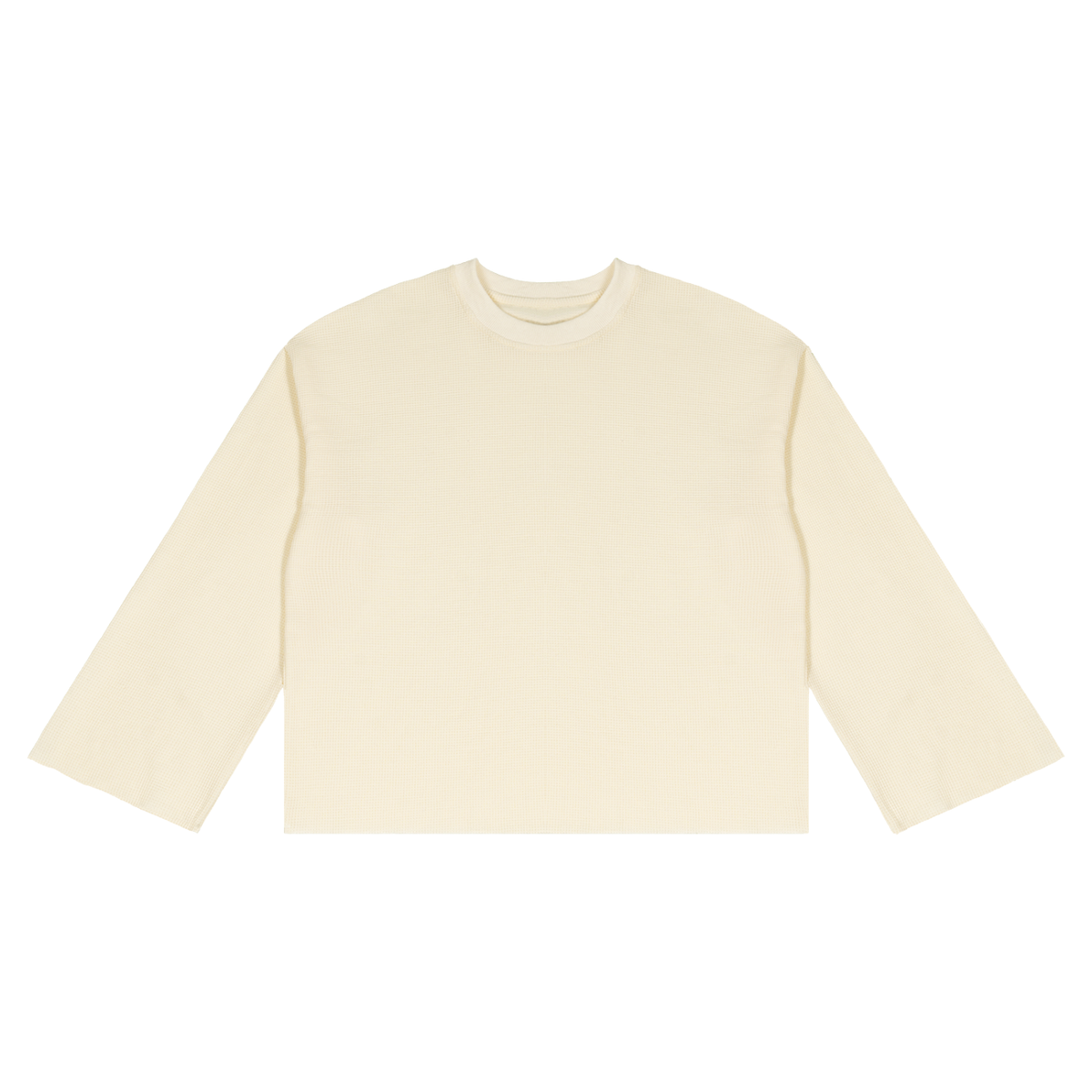 A plain cream-colored long-sleeve crewneck top laid flat against a solid white background.