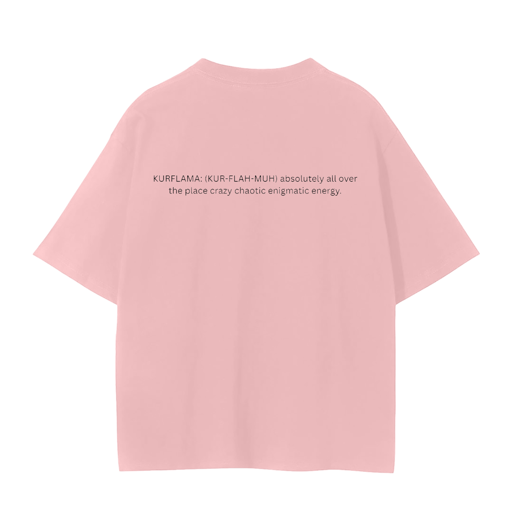 A light pink short-sleeve t-shirt with black printed text on the upper back, displayed against a solid white background.