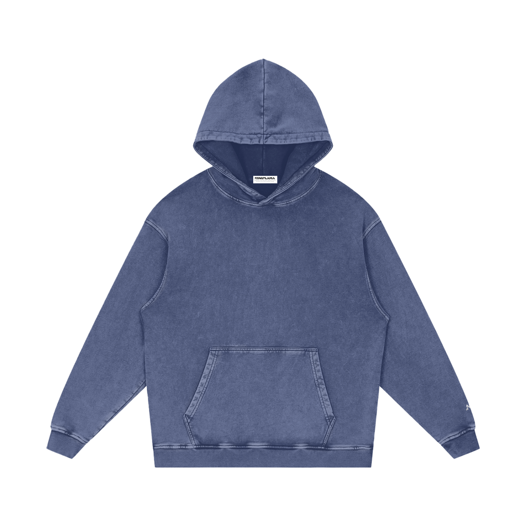 Blue hoodie with a red design on a white background
