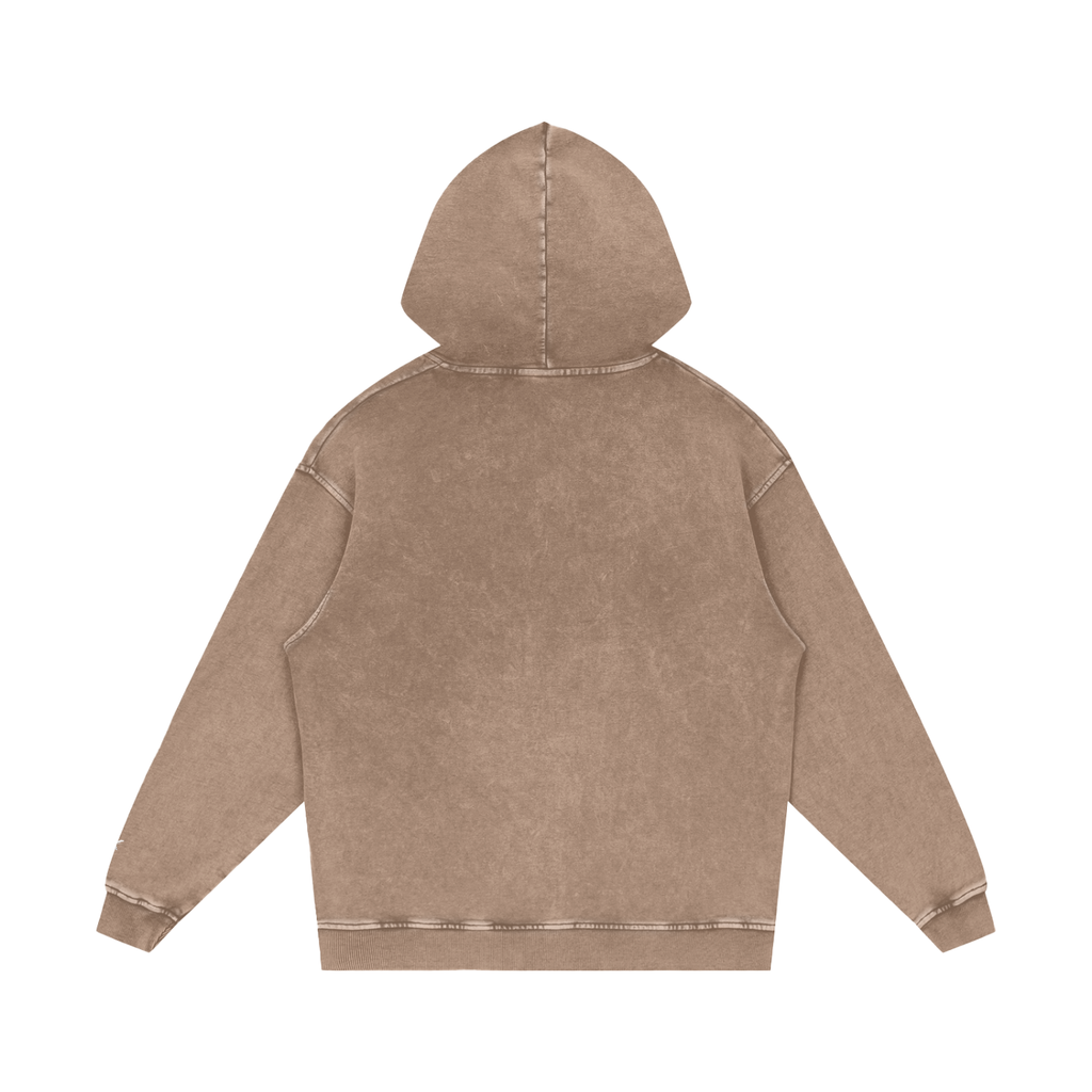Brown hoodie with red logo on sleeve against a white background