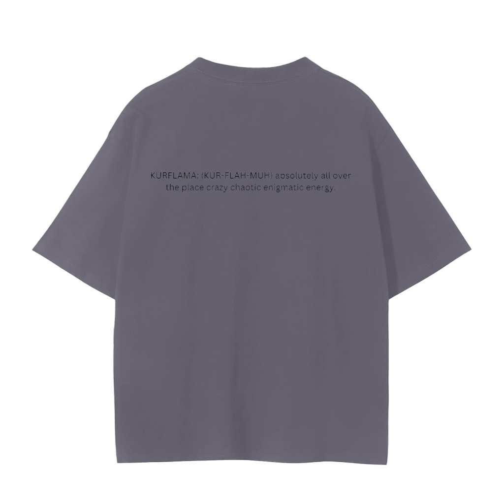 Navy blue t-shirt with white text on the back on a white background