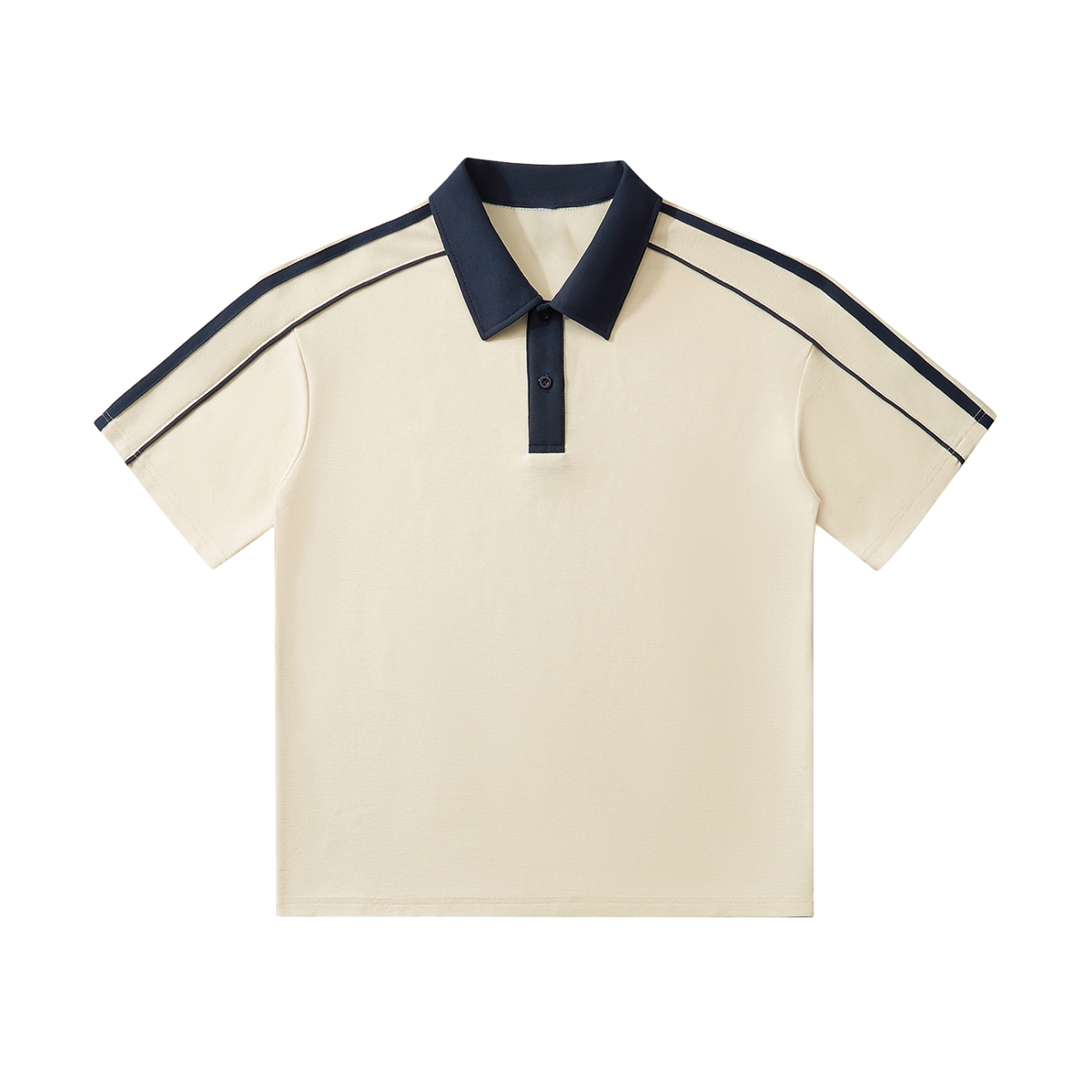 Beige polo shirt with navy accents on a white background