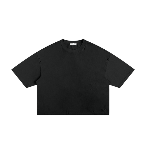 Front view of a plain black boxy tee.