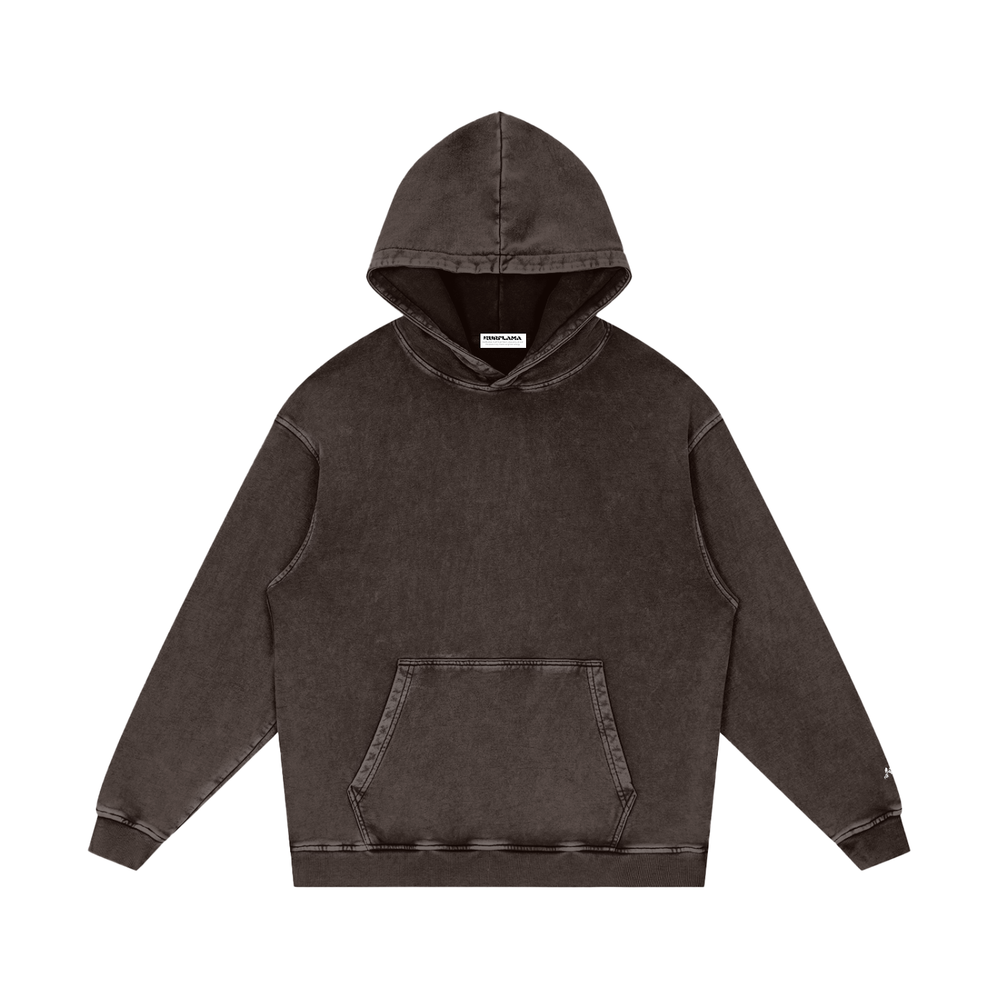 A washed black pullover hoodie with a small white 'K' logo on sleeves, displayed flat against a solid white background.
