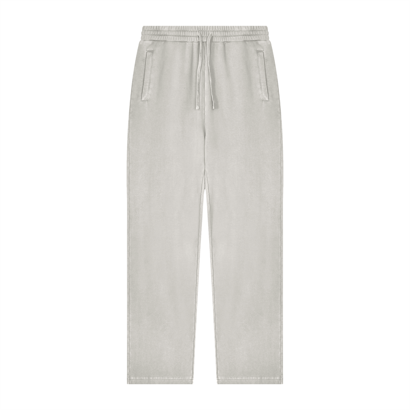 A pair of light beige drawstring sweatpants with side pockets, shown flat against a solid white background.