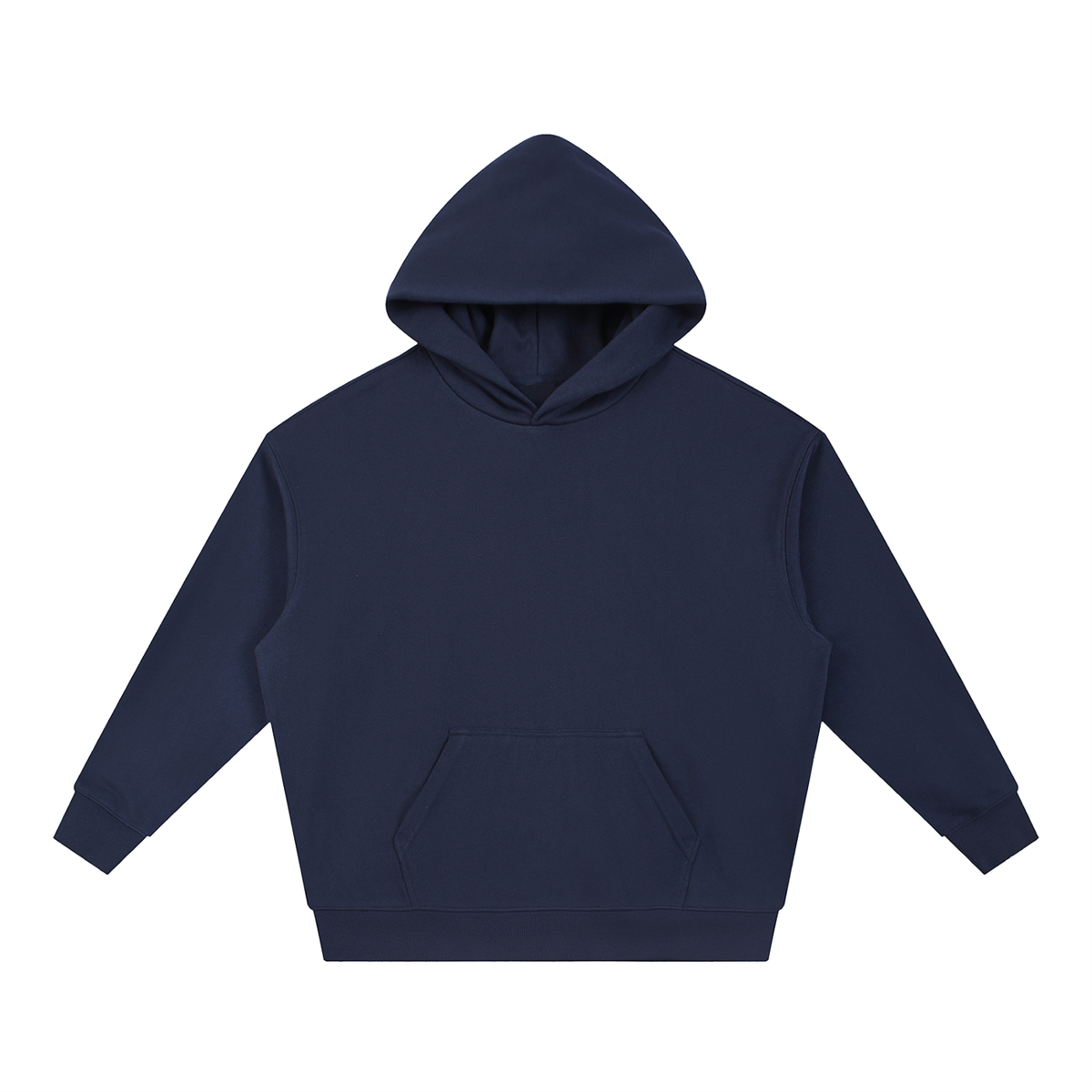 A navy blue pullover hoodie with a front kangaroo pocket, shown flat against a solid white background.