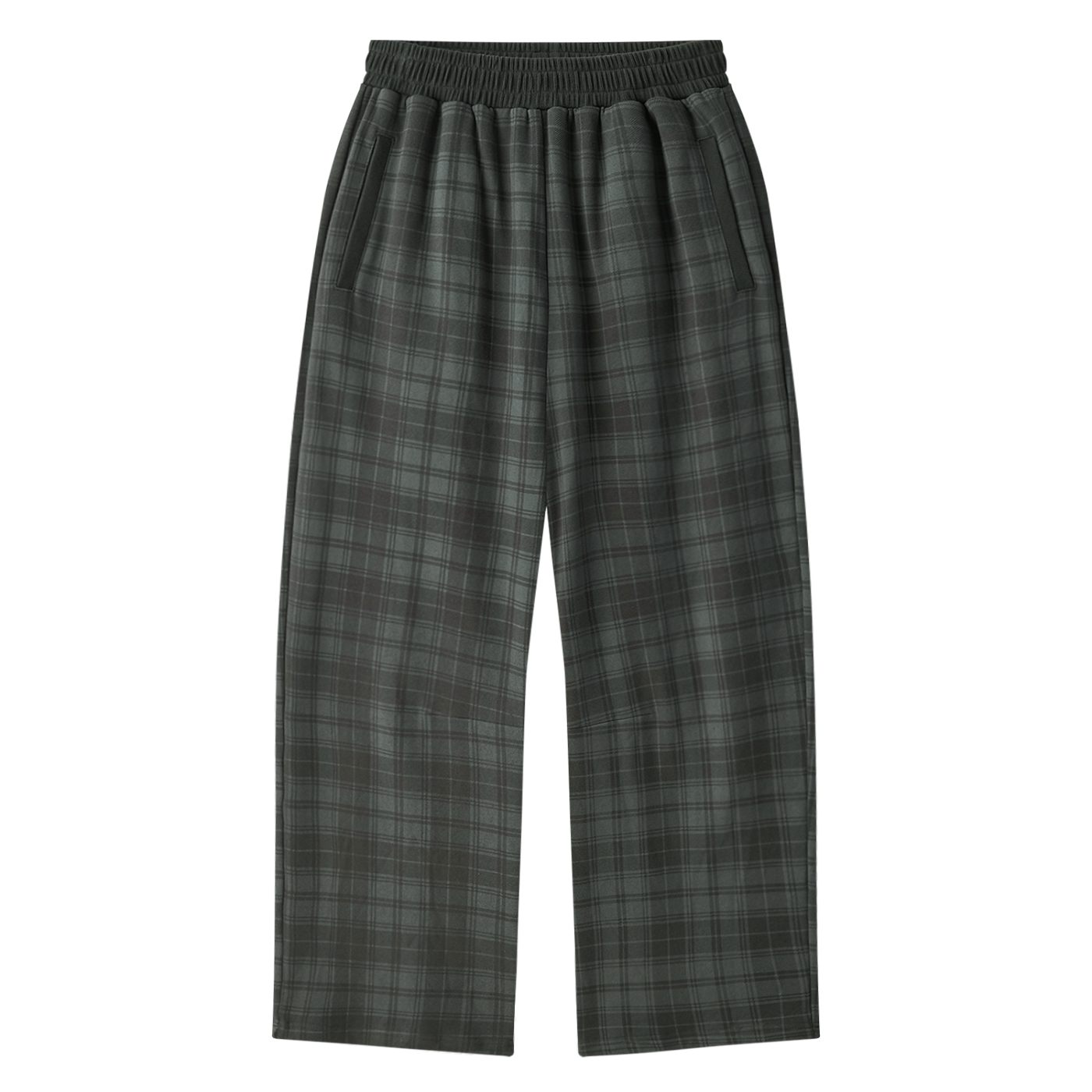 Dark green and gray plaid lounge pants with an elastic waistband, shown flat against a white background.