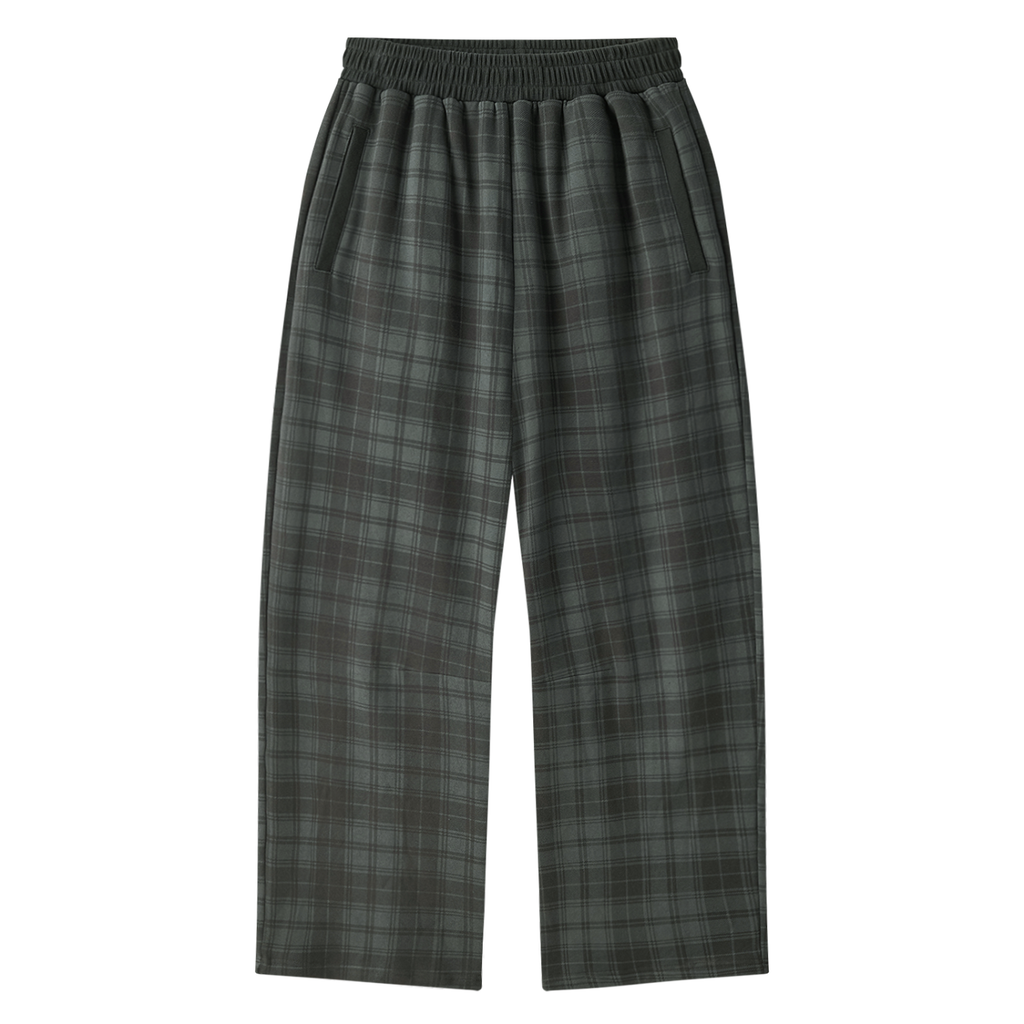 Dark green and gray plaid lounge pants with an elastic waistband, shown flat against a white background.