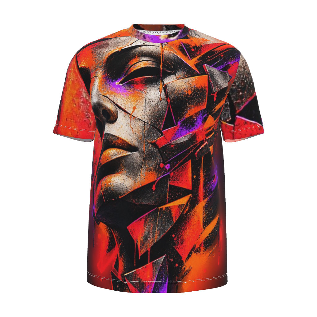 Front view of Kurflama Fall Fractured Identity Front Tee with a fractured portrait in orange, red and purple.