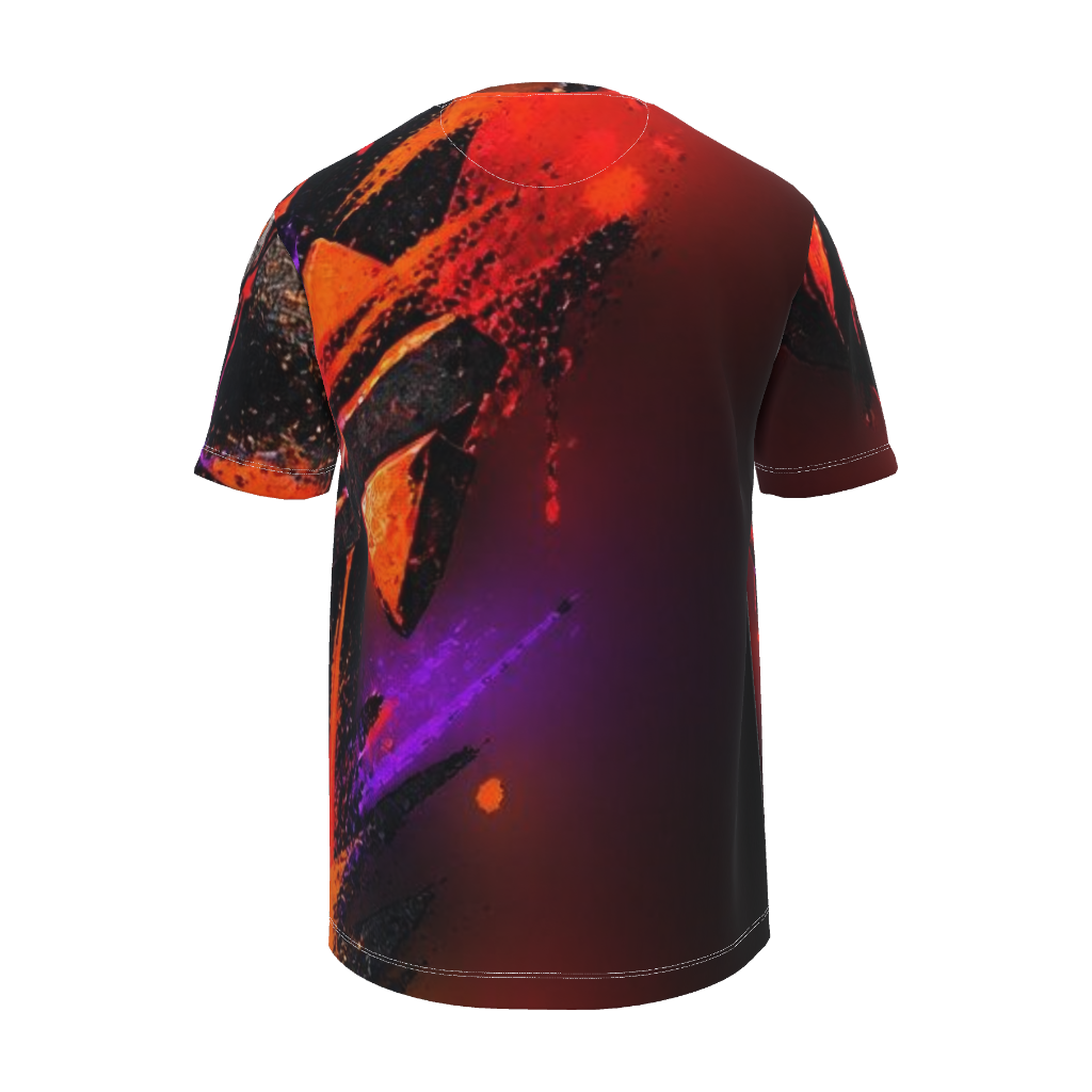 Back view of Kurflama Fall Fractured Identity Front Tee with abstract orange, red and purple artwork.
