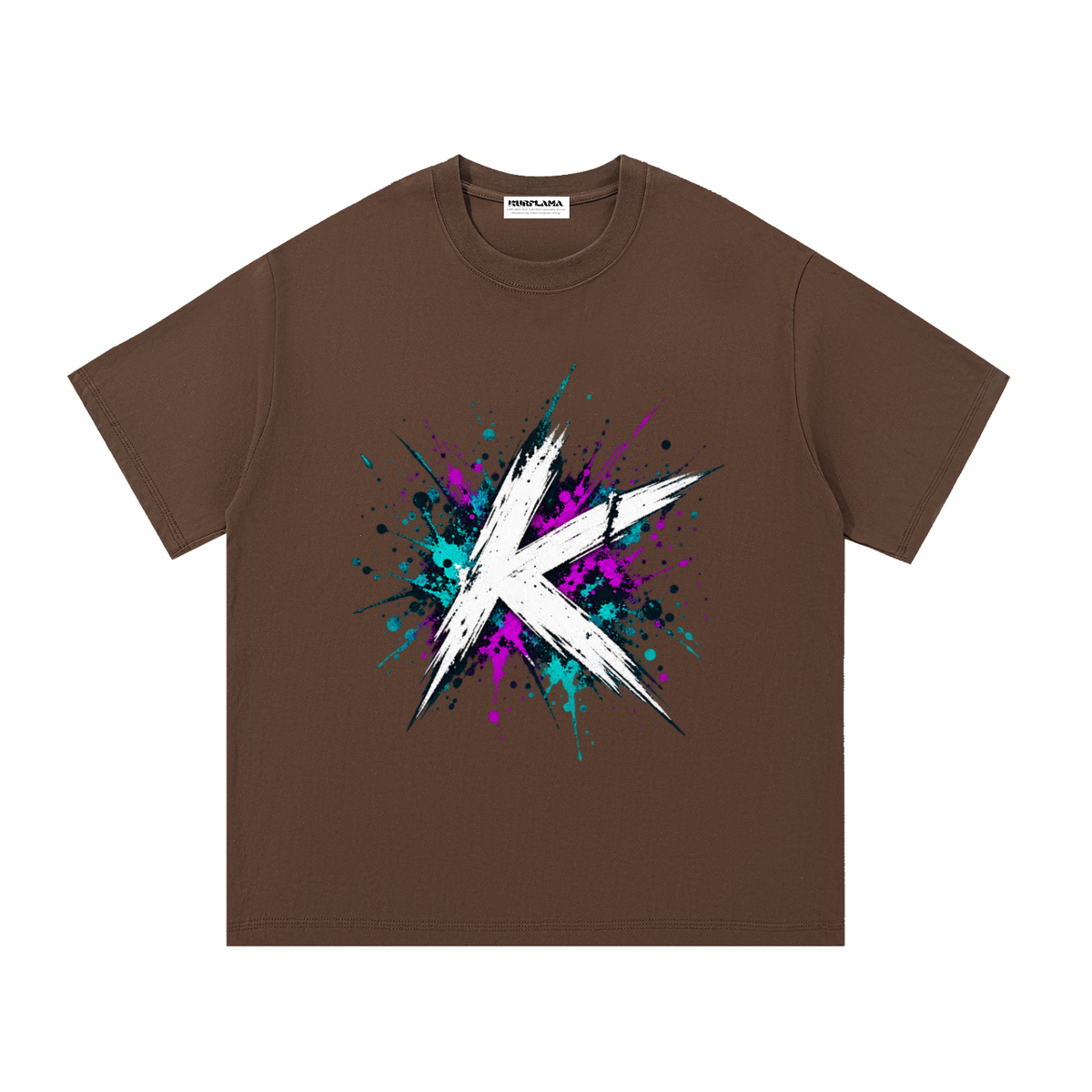 Front view of a brown tee with a white K and colorful paint splashes.