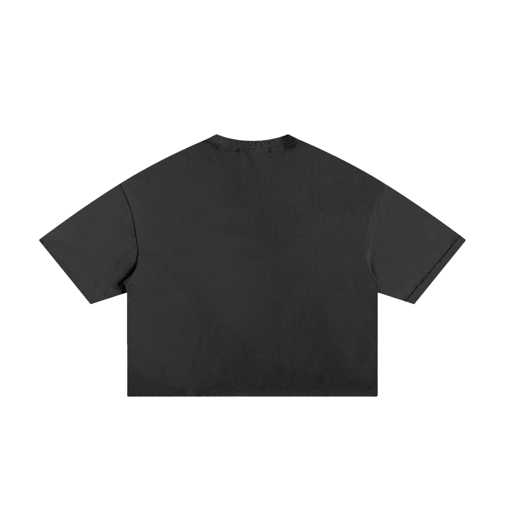 Back view of a plain black boxy tee.