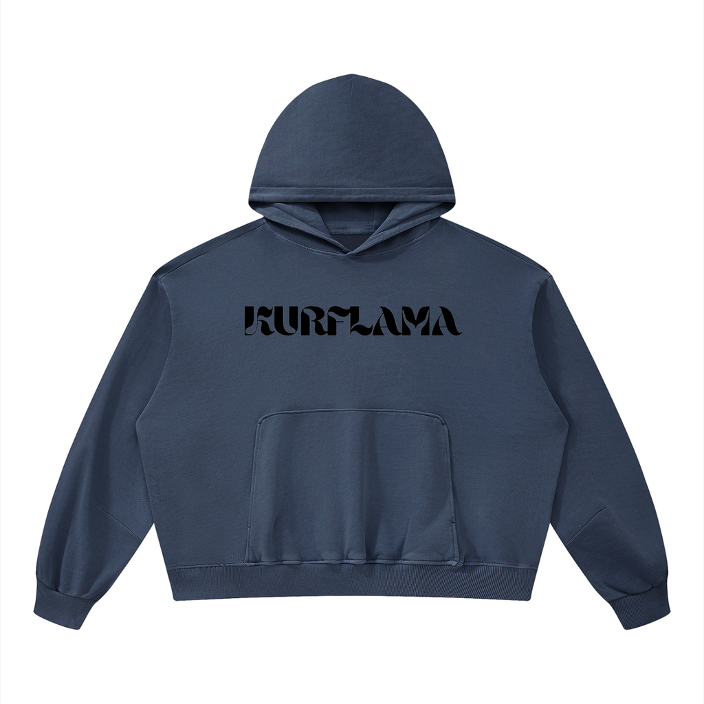 A navy blue cropped hoodie large "Kurflama" logo across the chest displayed flat against a solid white background.