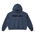 A navy blue cropped hoodie large "Kurflama" logo across the chest displayed flat against a solid white background.