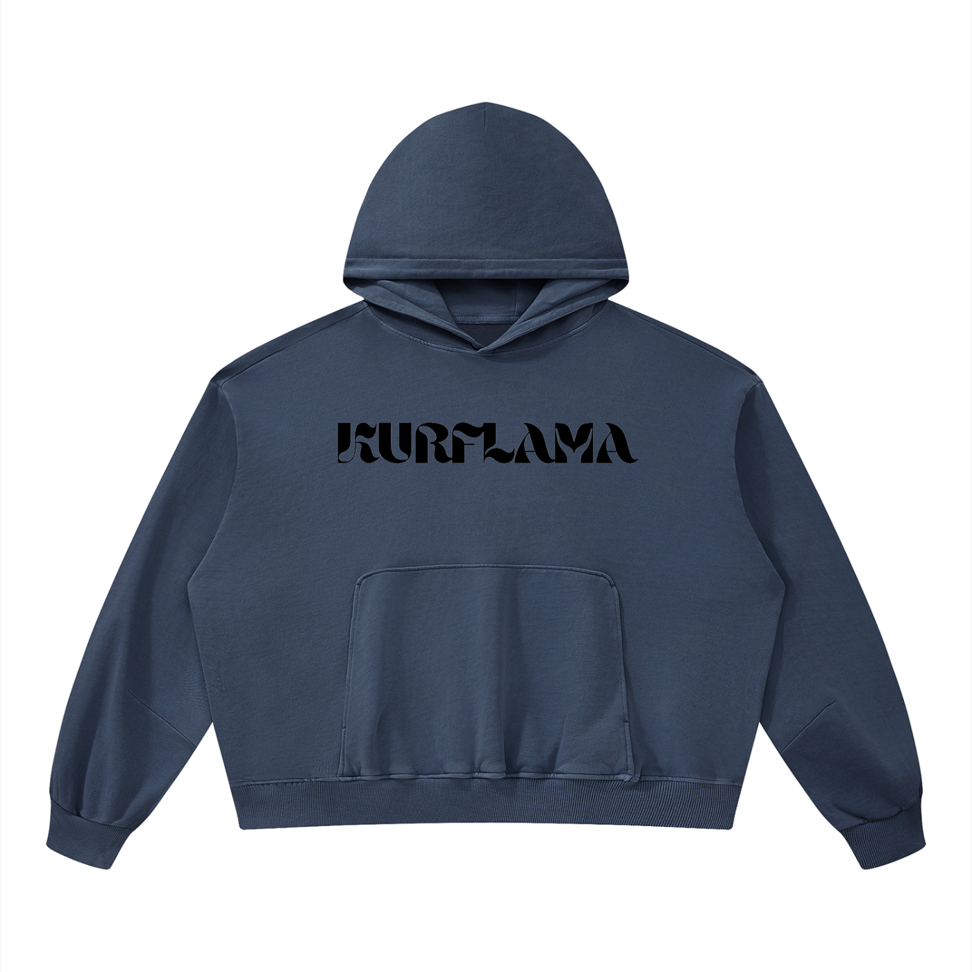 A navy blue cropped hoodie large "Kurflama" logo across the chest displayed flat against a solid white background.