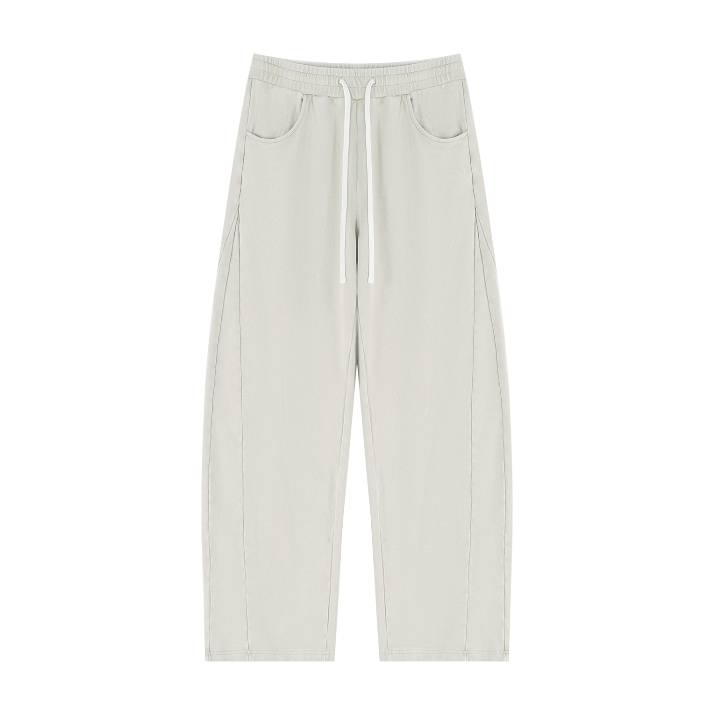 A pair of light sage green wide-leg pants with a white drawstring waist and side pockets, shown flat on a white background.