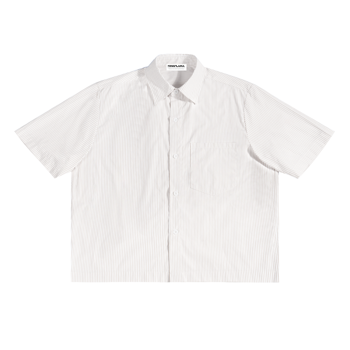 White short-sleeve shirt with thin black stripes on a white background