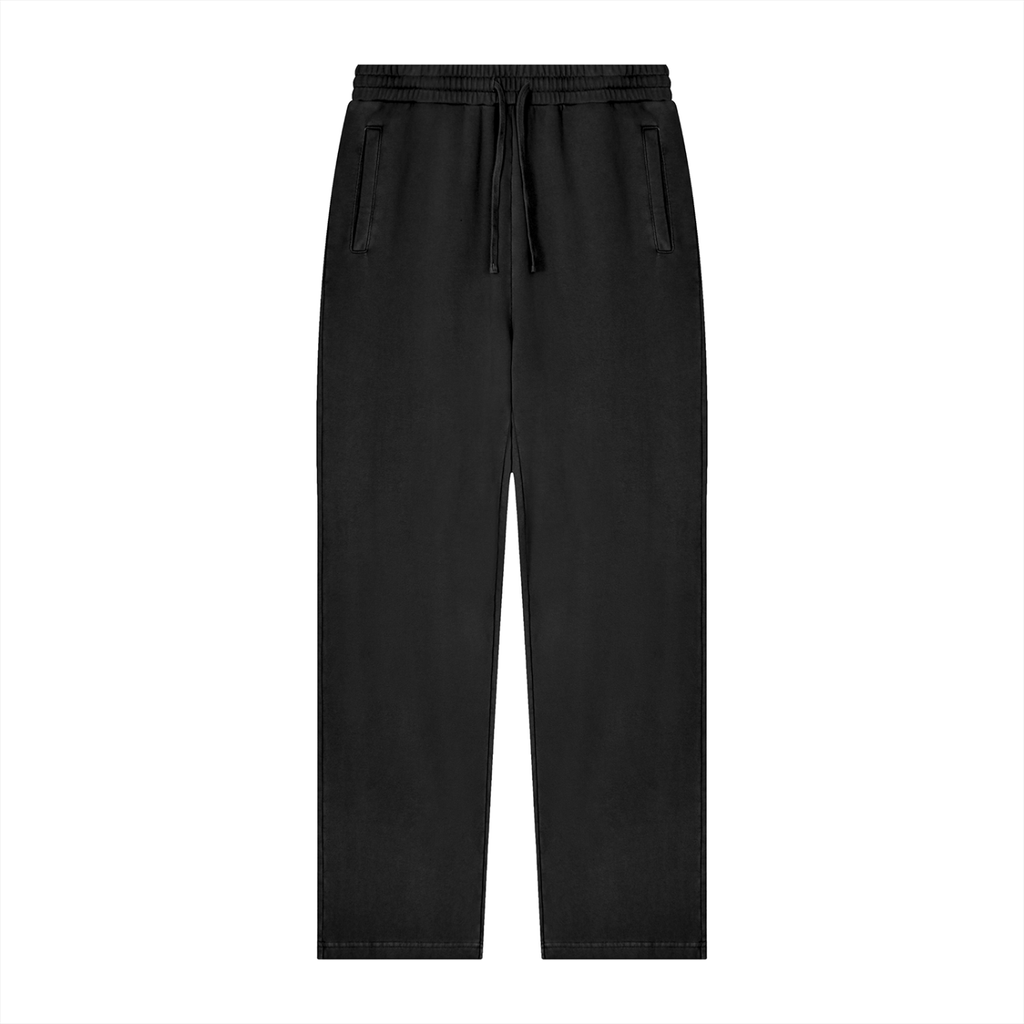 Black wide-leg sweatpants with an elastic drawstring waistband and side pockets, shown flat on a white background.