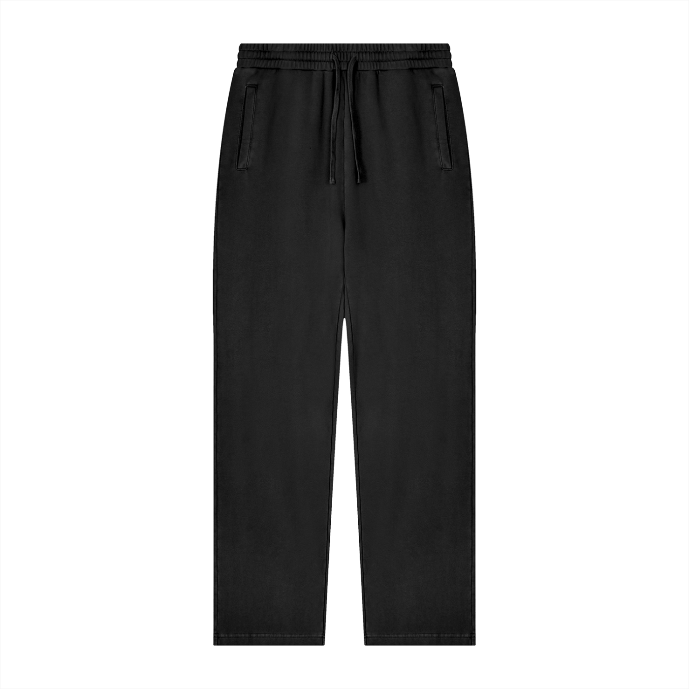Black wide-leg sweatpants with an elastic drawstring waistband and side pockets, shown flat on a white background.