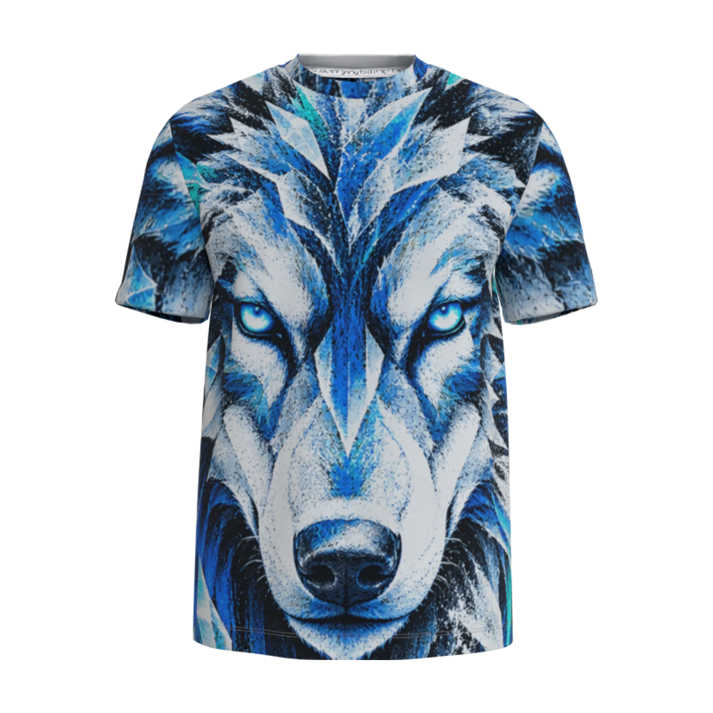 Front view mockup of Kurflama Winter Arctic Wolf Tee with a blue and white wolf face.