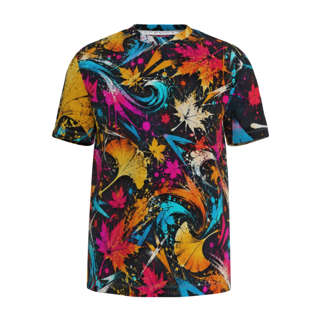 Front view mockup of Kurflama Fall Neon Foliage Tee with yellow, magenta and teal leaf artwork.