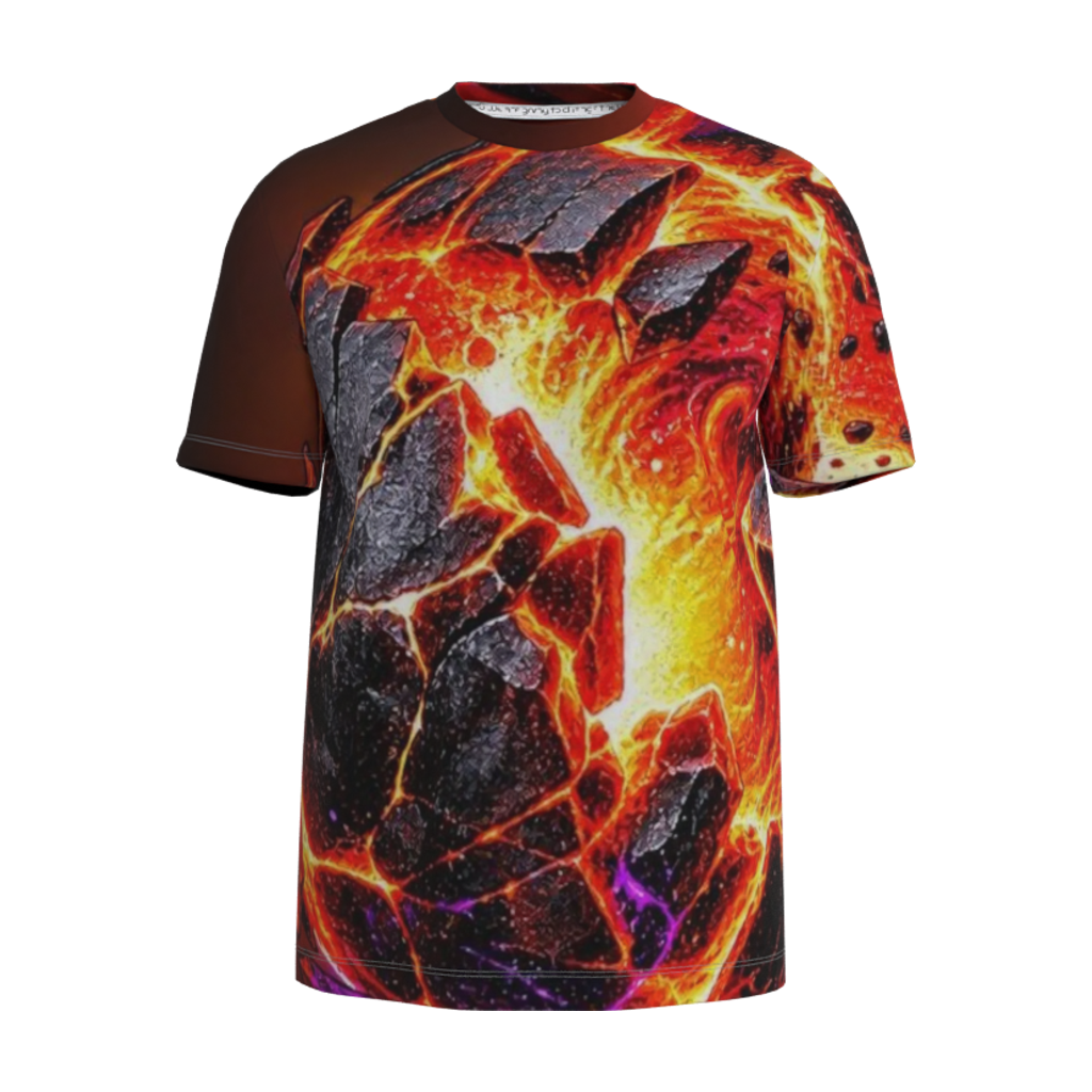 Front view mockup of Kurflama Fall Molten Shift Meteor Tee with glowing orange lava and cracked dark rock artwork.