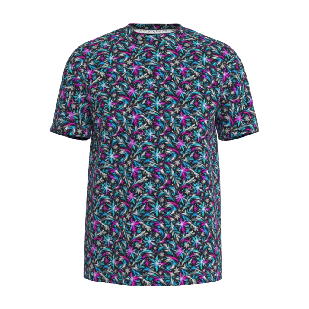 Front view mockup of Kurflama Winter Ice Neon Small Repeat Tee with a small repeating teal, magenta and blue pattern.
