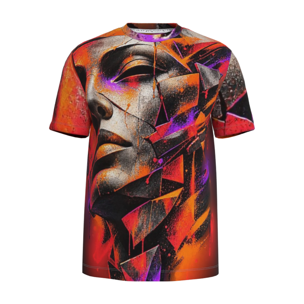 Front view mockup of Kurflama Fall Fractured Identity Front Tee with a fractured portrait in orange, red and purple.