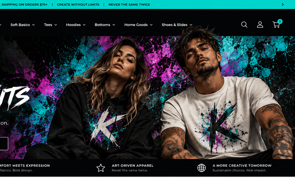 Black hoodie with a white K and white T-shirt with a black K, surrounded by teal and magenta paint splashes.