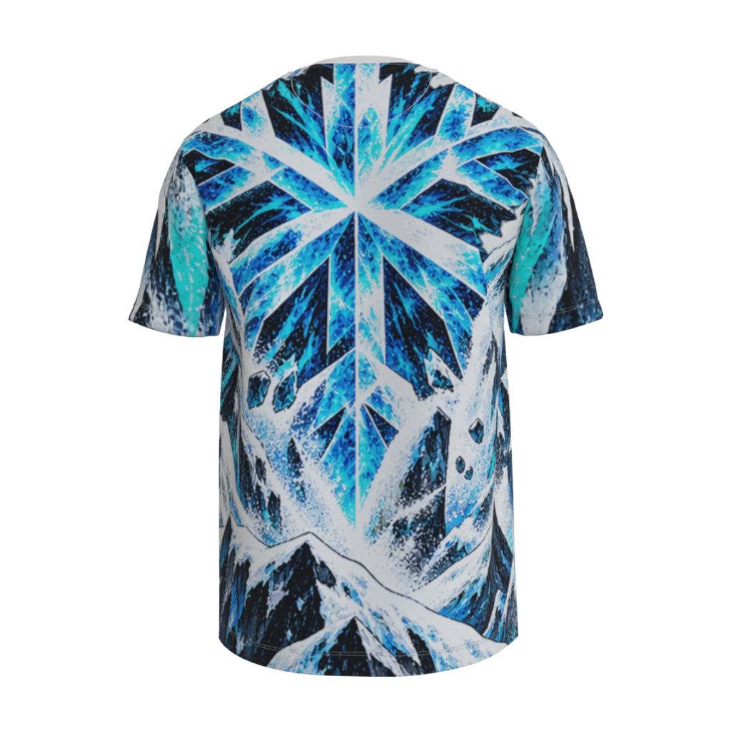 Back view mockup of Kurflama Winter Arctic Wolf Tee with blue and white ice-crystal artwork.