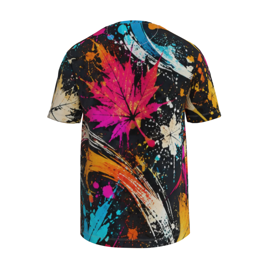 Back view mockup of Kurflama Fall Neon Foliage Tee with a large magenta leaf with yellow and teal accents.