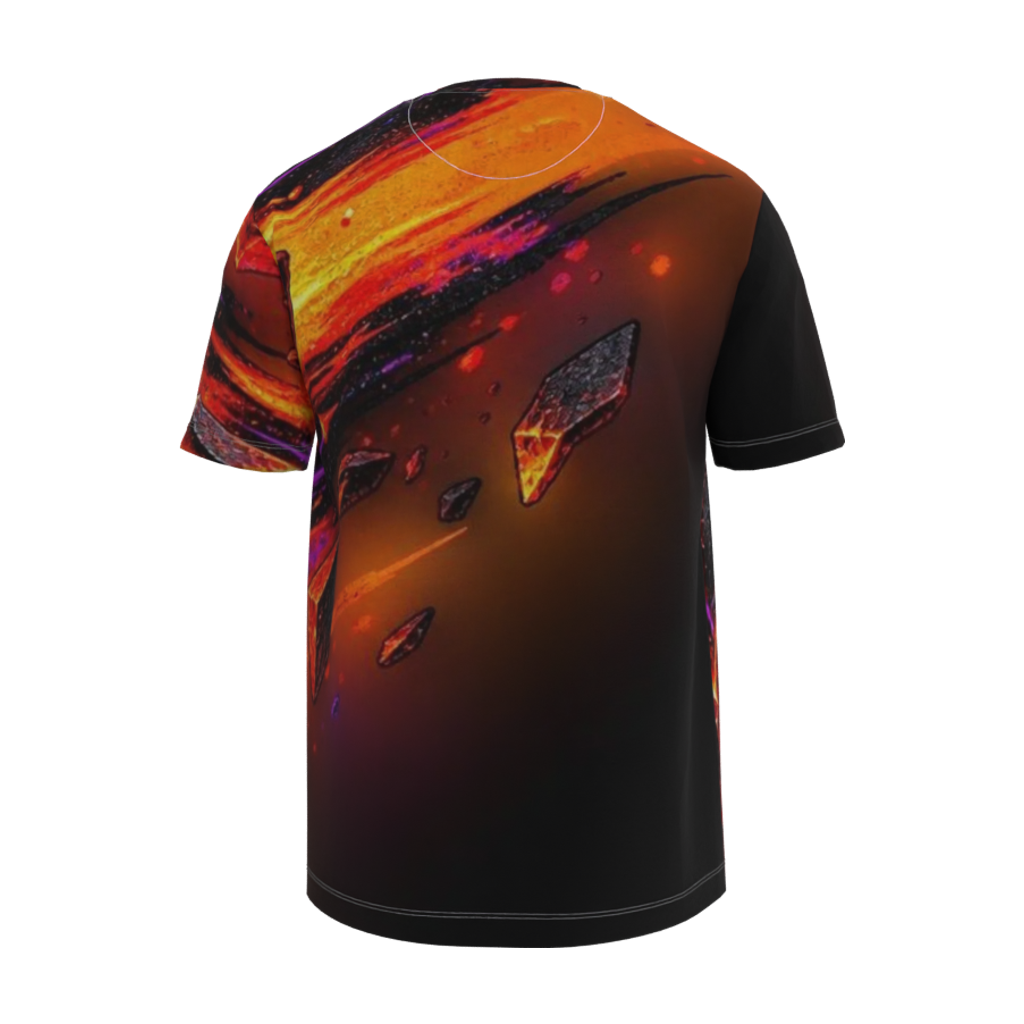 Back view mockup of Kurflama Fall Molten Shift Meteor Tee with orange meteor streaks against a dark background.