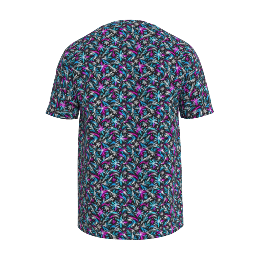 Back view mockup of Kurflama Winter Ice Neon Small Repeat Tee with a small repeating teal, magenta and blue pattern.