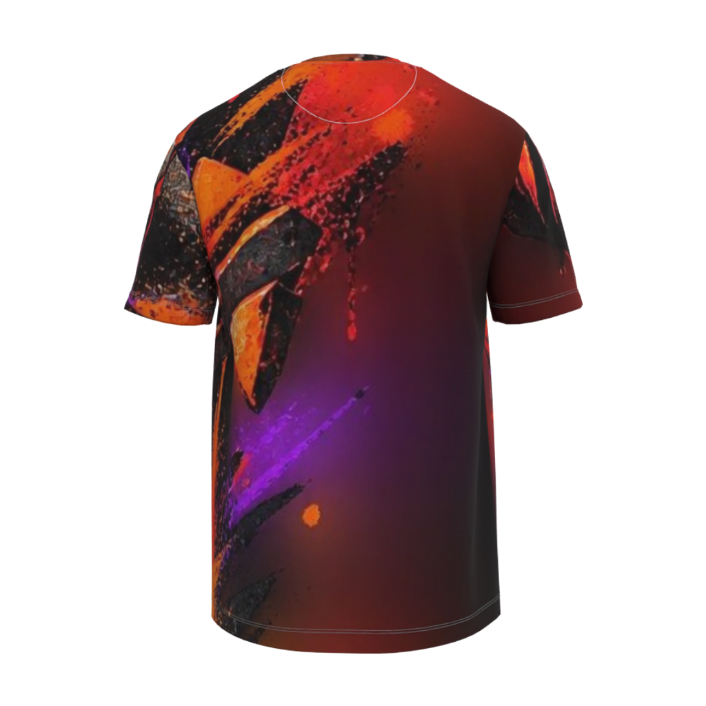 Back view mockup of Kurflama Fall Fractured Identity Front Tee with abstract orange, red and purple artwork.